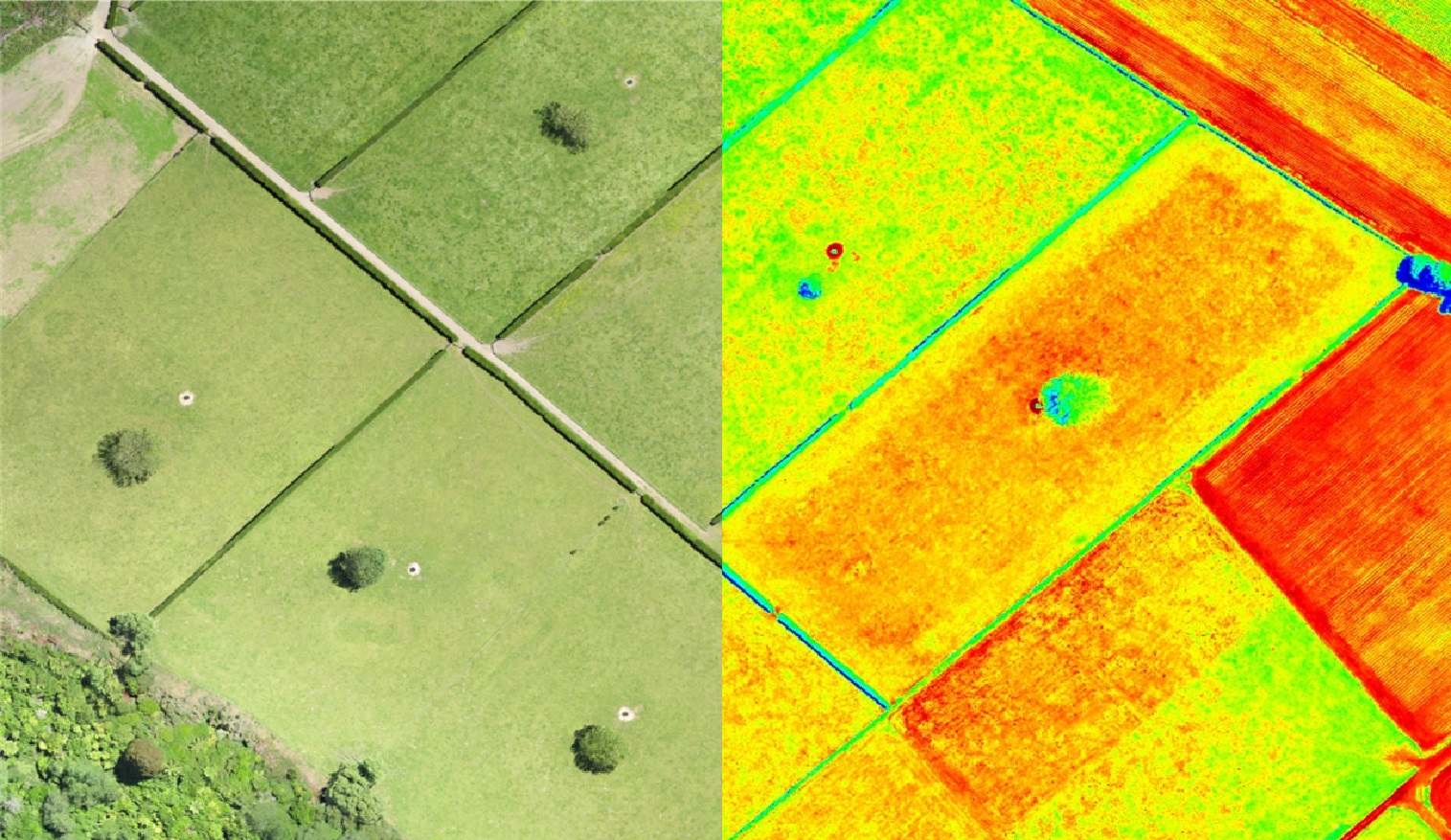 Home Comparación de imagen aérea y mapa NDVI para monitoreo agrícola